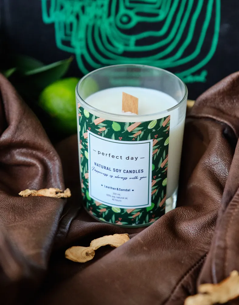 

Свеча ароматическая PERFECT DAY CANDLES Leather&Sandal Кожа&Сандал, Leather&Sandal / Кожа&Сандал деревянный фитиль