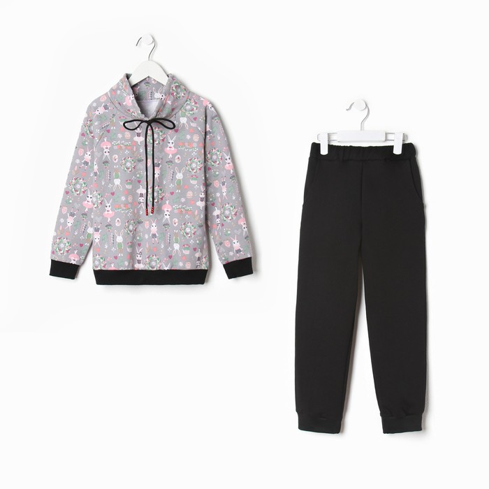 

Юниор Текстиль Костюм для девочки (толстовка, брюки), цвет серый/зайчики, рост 86 см, Серый;черный