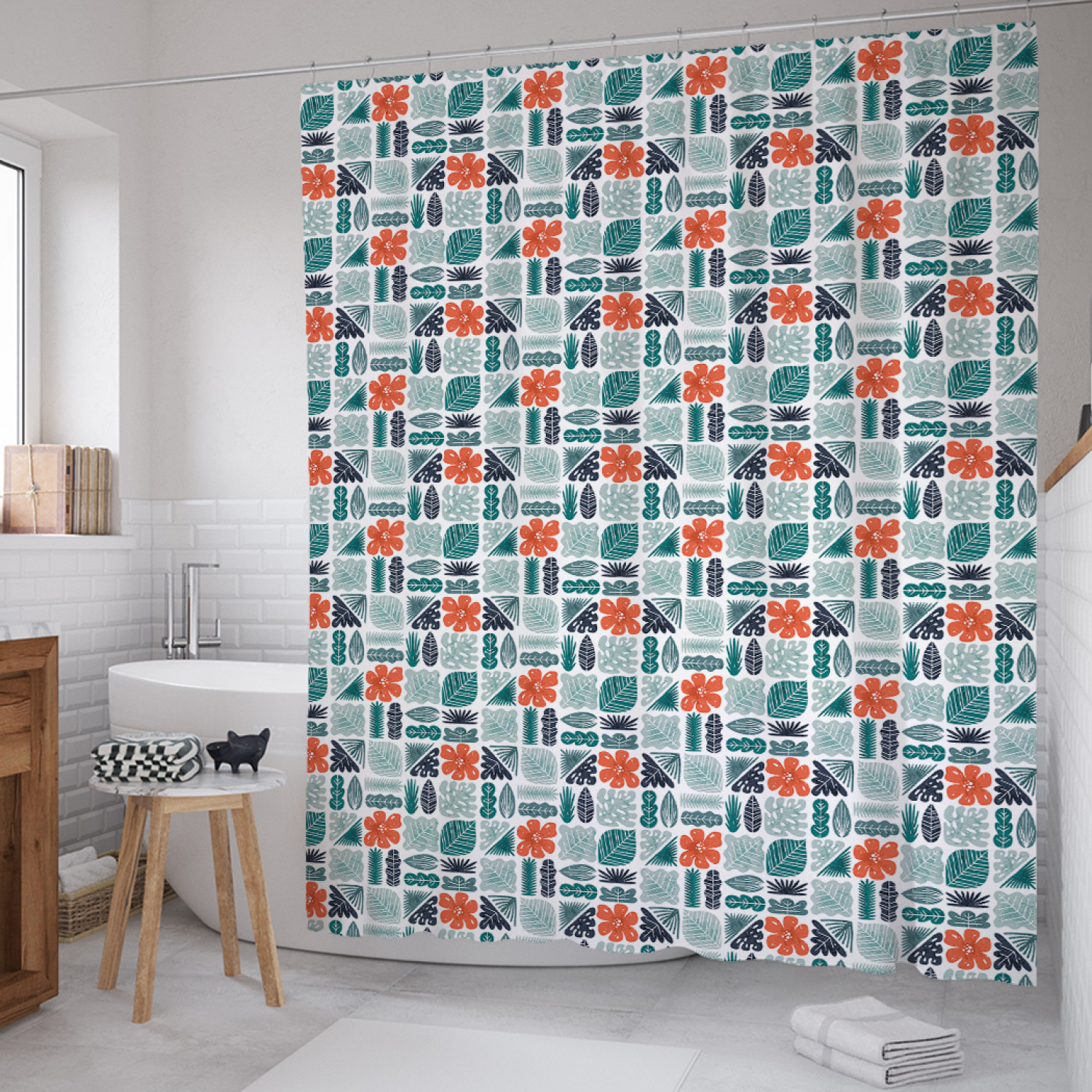 

Штора для ванной JoyArty "Тропическая плитка" из сатена, 180х200 см с крючками, Голубой, Тропическая плитка