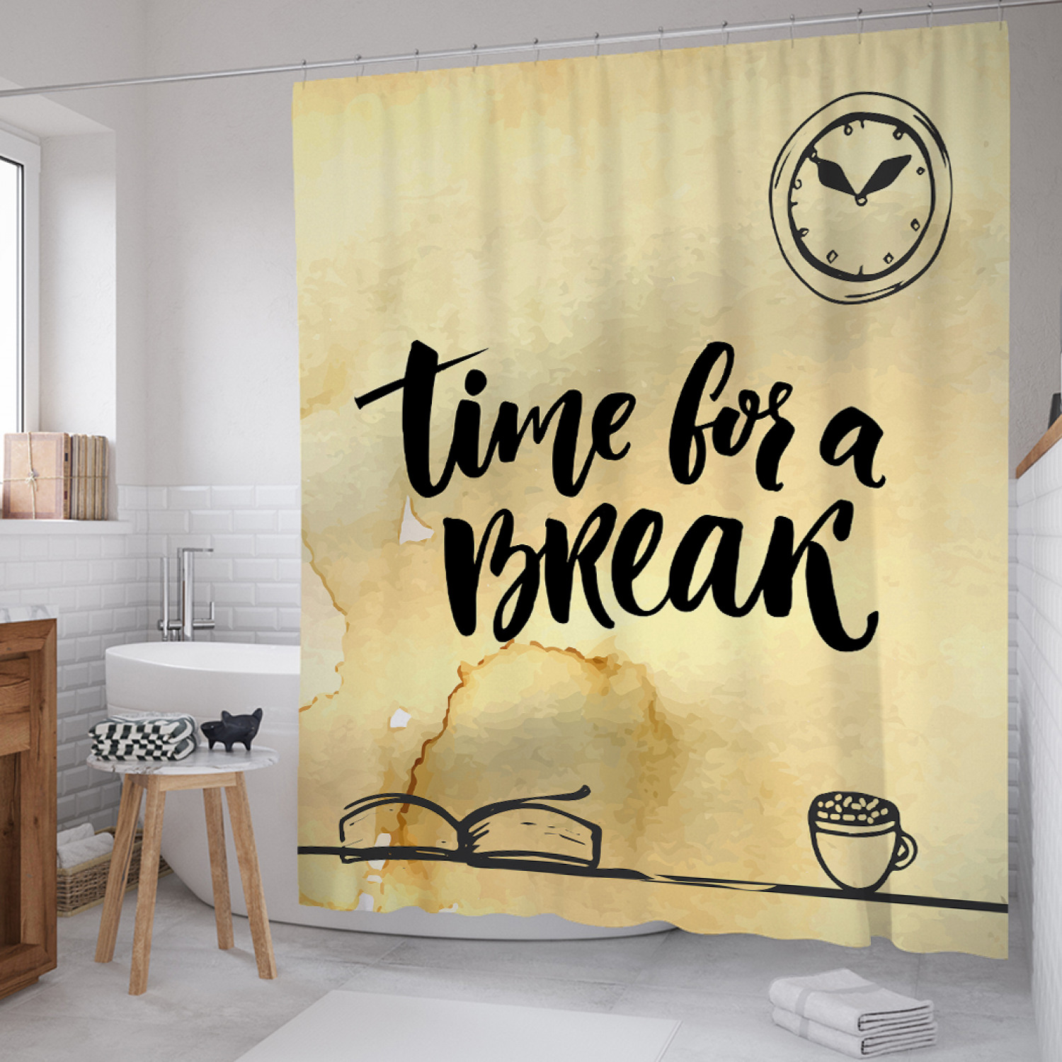 

Штора для ванной JoyArty "Время для перерыва" из сатена, 180х200 см с крючками, Желтый, Время для перерыва