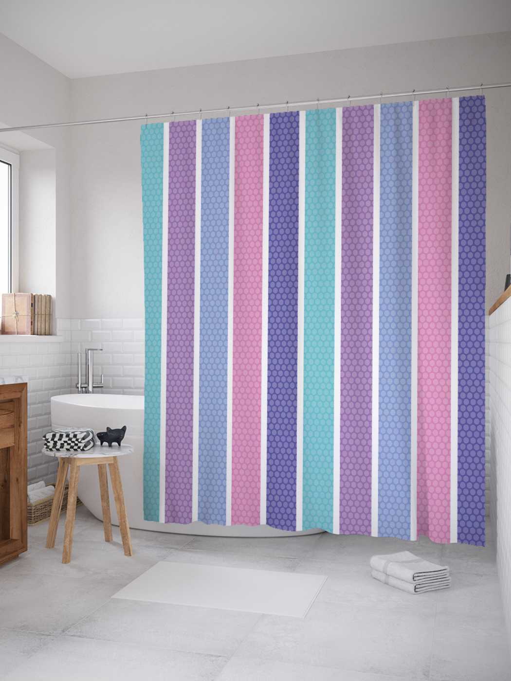 

Штора для ванной JoyArty "Цветные линии" из сатена, 180х200 см с крючками, Фиолетовый