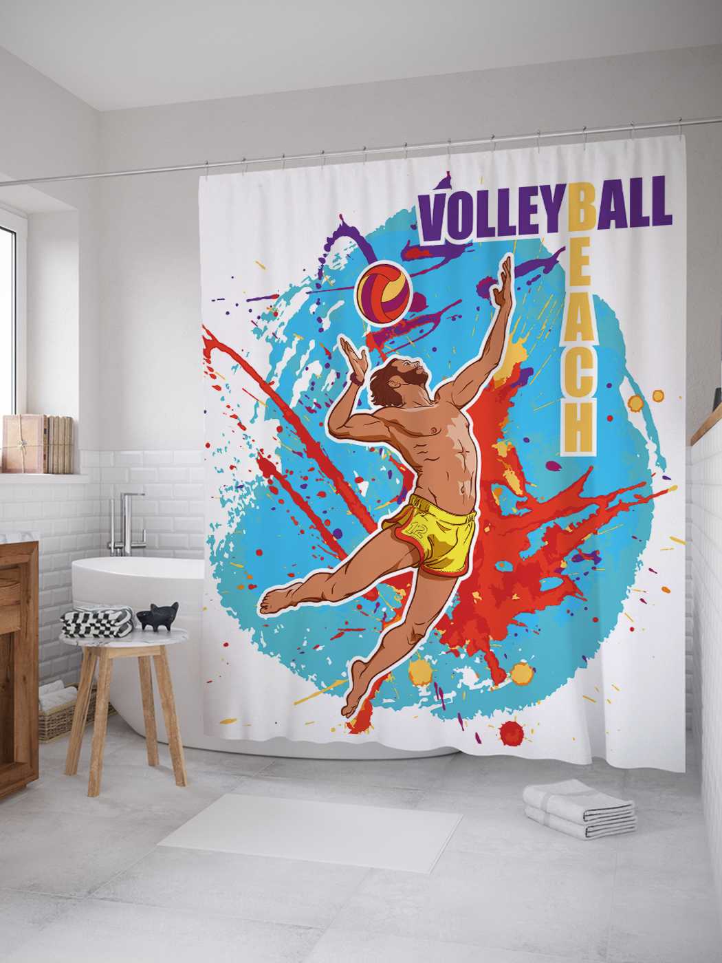 фото Штора для ванной joyarty "рисунок с волейболистом" из сатена, 180х200 см с крючками