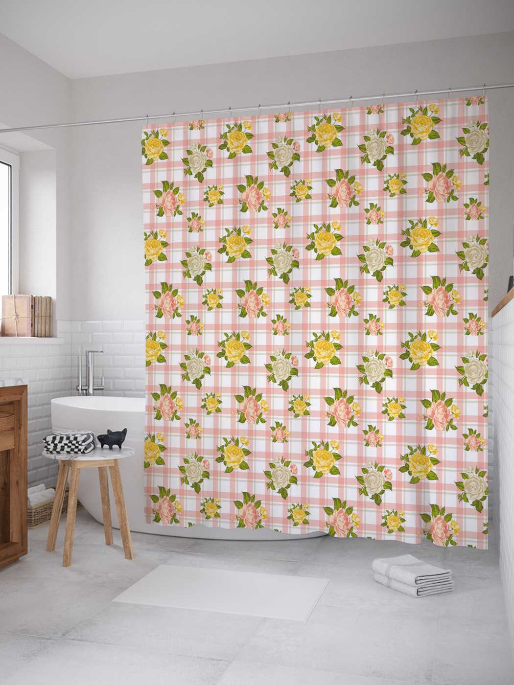 

Штора для ванной JoyArty "Розы с клеточным принтом" из сатена, 180х200 см с крючками, Розовый