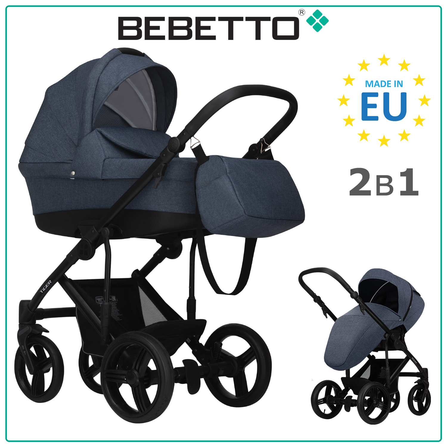 

Коляска детская Bebetto 2 в 1 Tiger LUX 05, темно-серый, рама черная, 0+, Tiger LUX