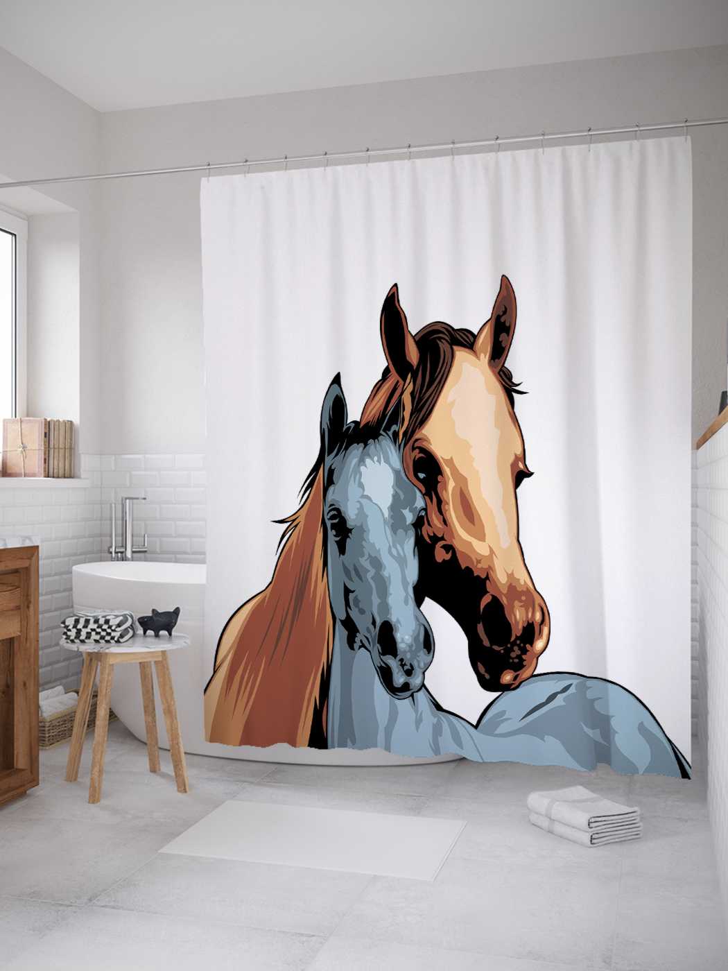 фото Штора для ванной joyarty "две лошади" из сатена, 180х200 см с крючками