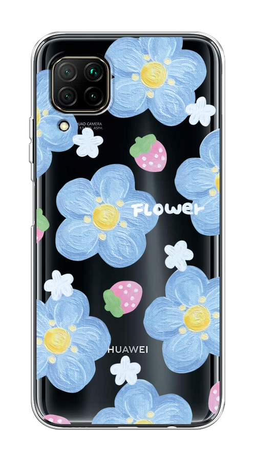 Чехол на Huawei P40 Lite/Nova 6 SE/Nova 7i "Цветы и клубники" 611650-1 прозрачный,  голубой,  белый