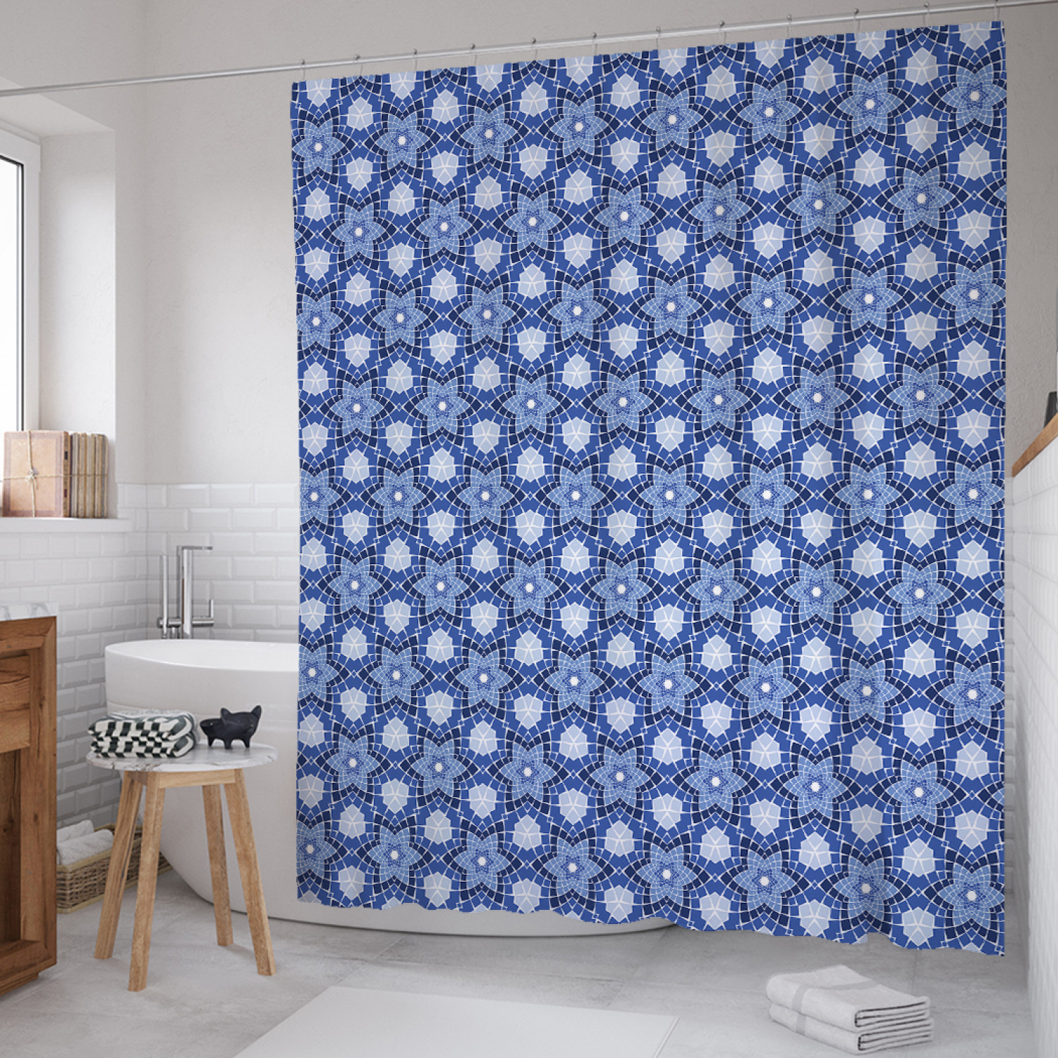 

Штора для ванной JoyArty "Калейдоскоп азулежу" из сатена, 180х200 см с крючками, Голубой, Калейдоскоп азулежу