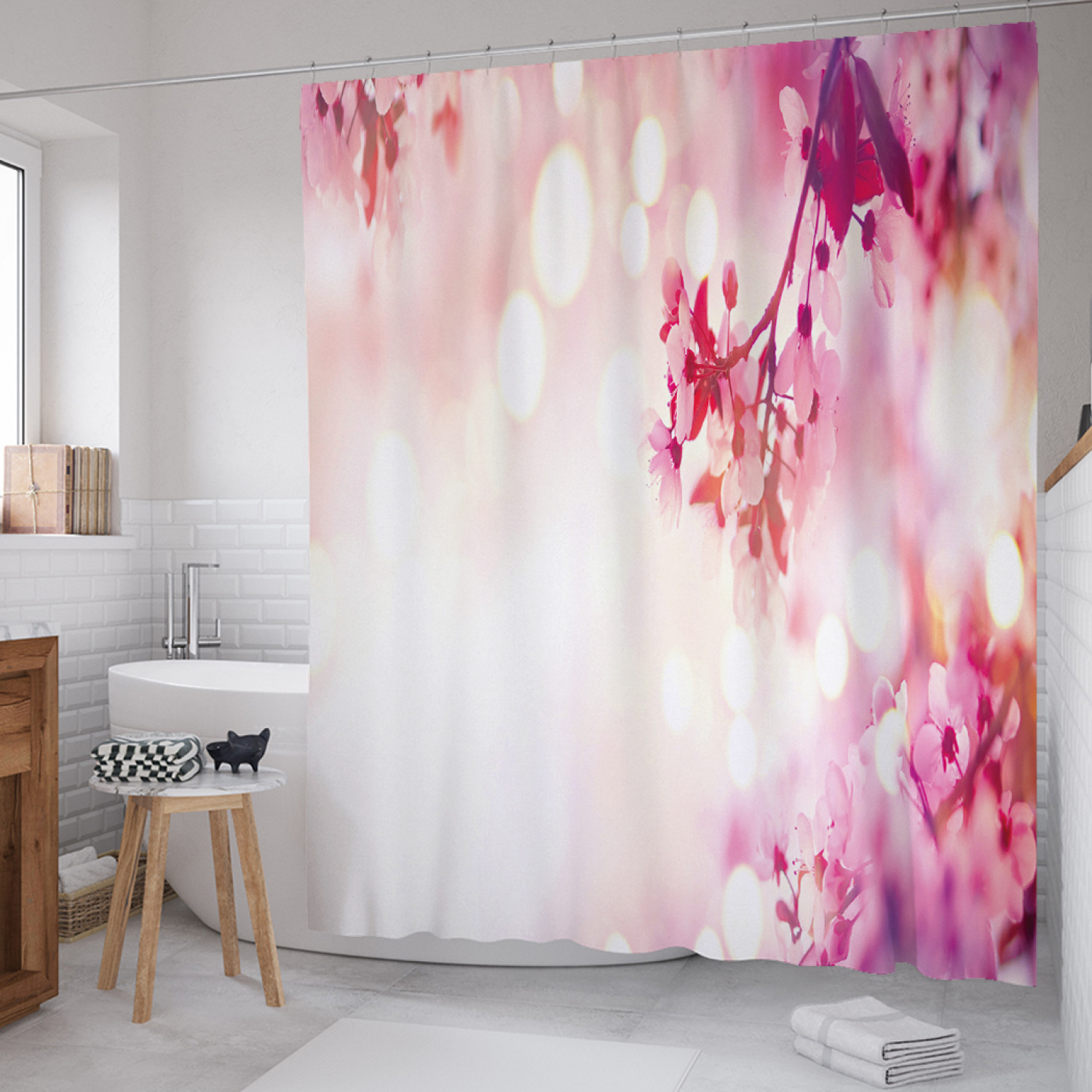 

Штора для ванной JoyArty "Сакура боке" из сатена, 180х200 см с крючками, Розовый, Сакура боке