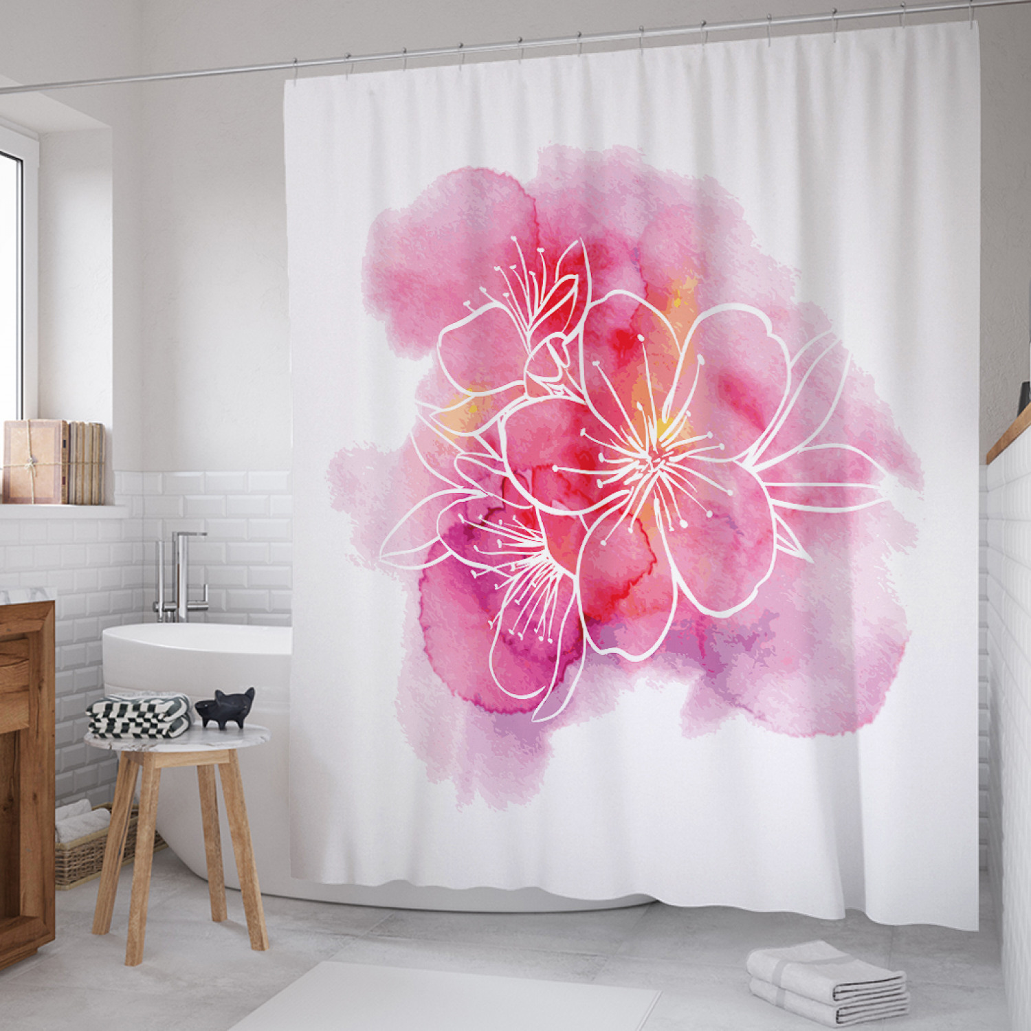 

Штора для ванной JoyArty "Цветочный абрис на акварели" из сатена, 180х200 см с крючками, Белый, Цветочный абрис на акварели