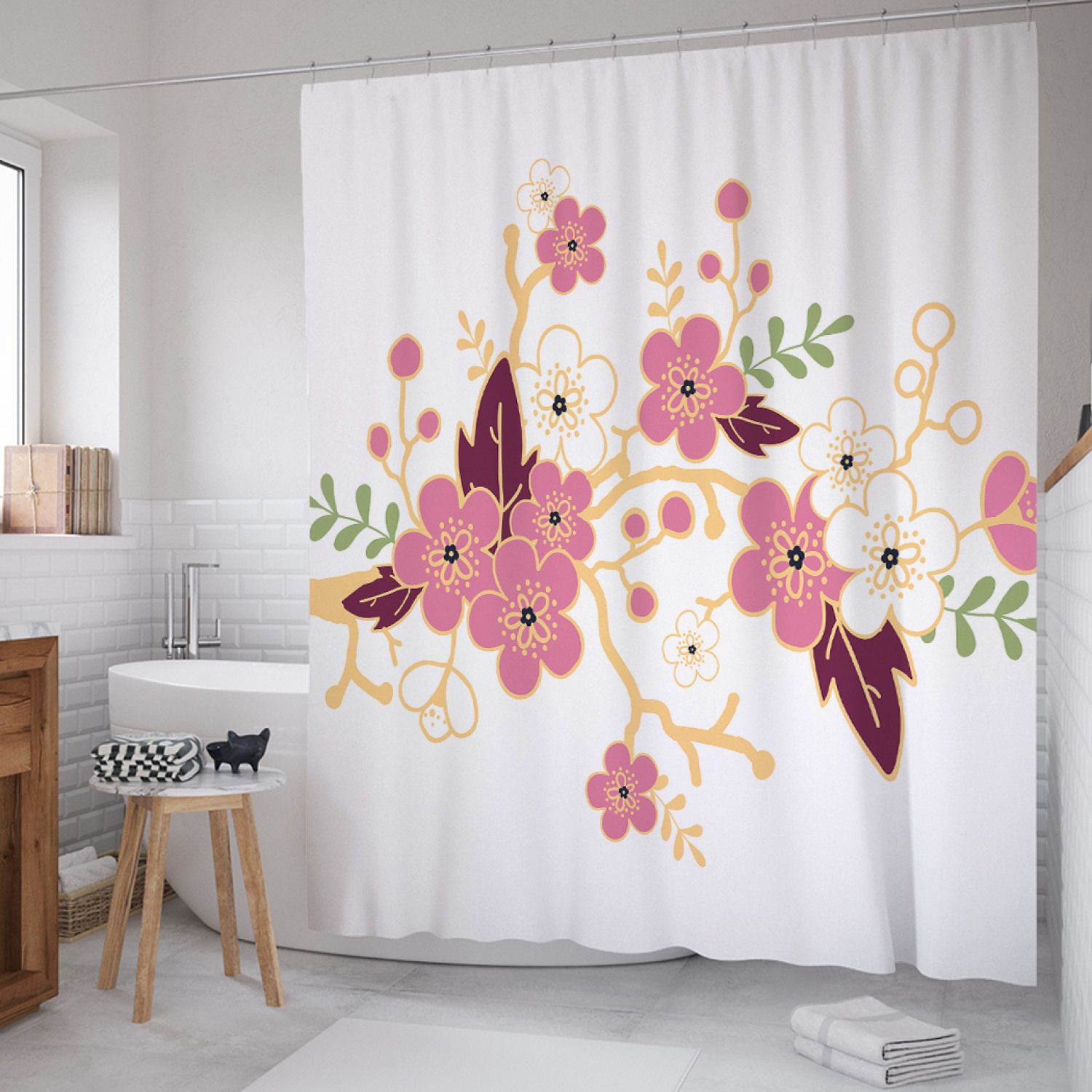 

Штора для ванной JoyArty "Цветущая ветвь" из сатена, 180х200 см с крючками, Белый, Цветущая ветвь