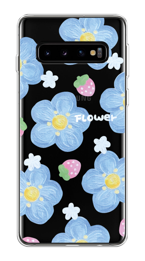 

Чехол на Samsung Galaxy S10 Plus "Цветы и клубники", Прозрачный;голубой;белый, 27150-1