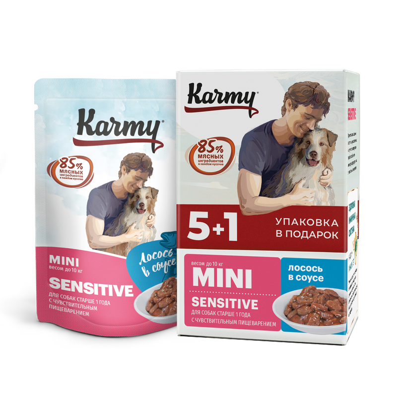 Влажный корм для собак KARMY набор Лосось в соусе 5+1, 6 шт по 80