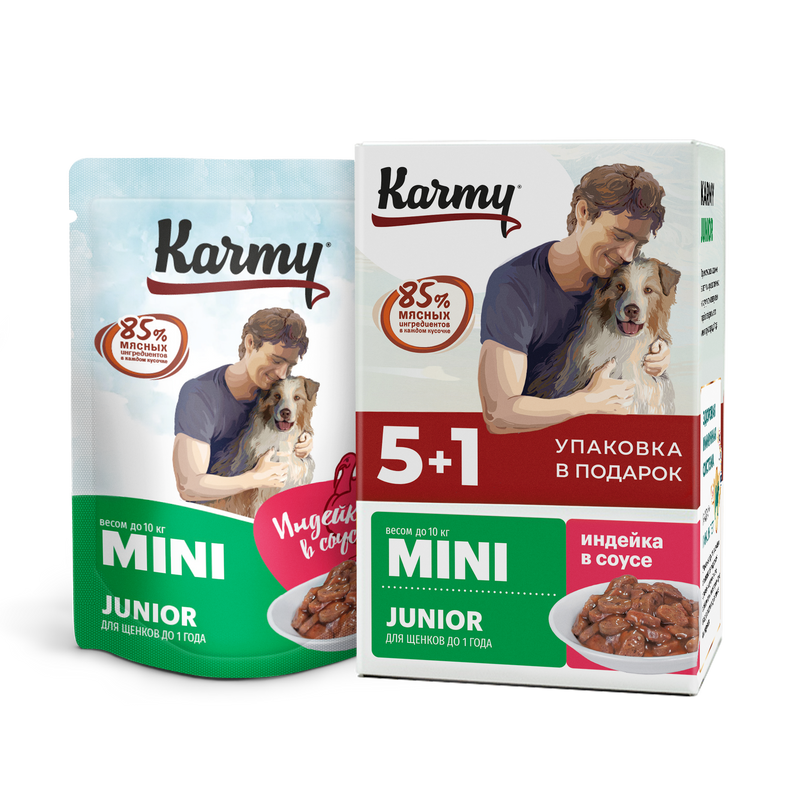 Влажный корм для щенков KARMY набор Индейка в соусе 5+1, 6 шт по 80 г