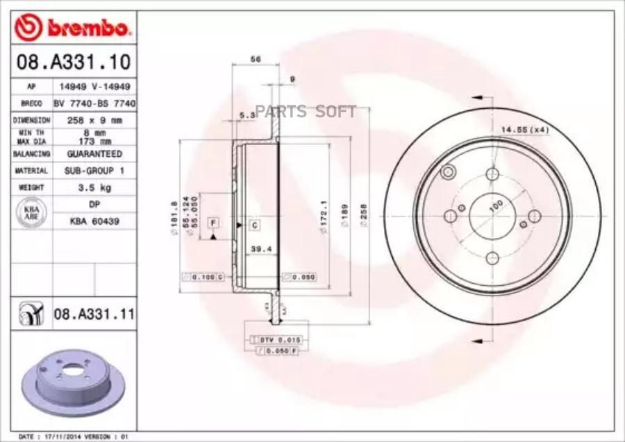 

Тормозной диск brembo комплект 1 шт. 08A33110