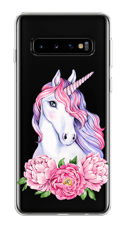 

Чехол на Samsung Galaxy S10 Plus "Единорог с пионами", Розовый;белый;зеленый, 27150-1