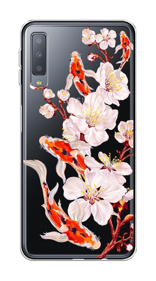 Чехол на Samsung Galaxy A7 2018 "Карпы и сакура" 26750-1 оранжевый,  розовый,  бежевый,  прозрачный