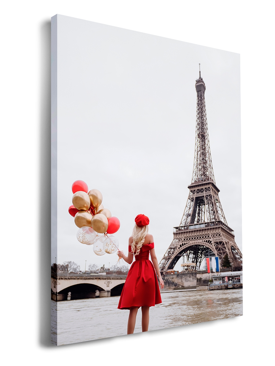 фото Картина drabs красивая девушка в красном платье рассматривает эйфелеву башню