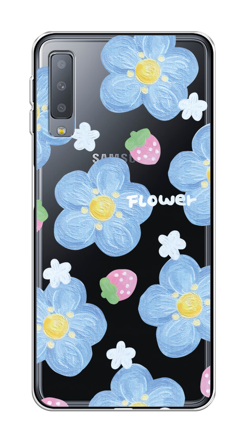 

Чехол на Samsung Galaxy A7 2018 "Цветы и клубники", Прозрачный;голубой;белый, 26750-1