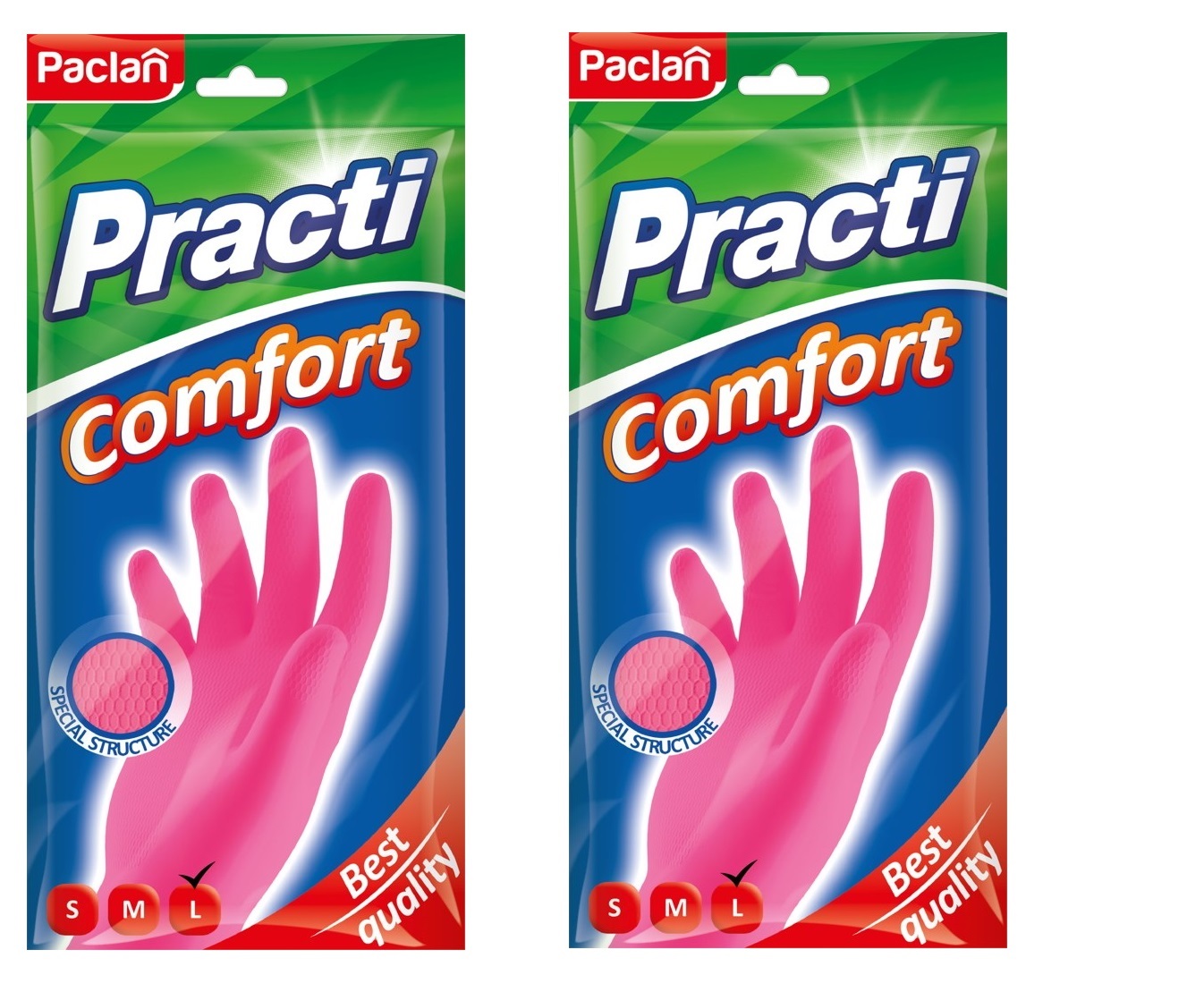 фото Комплект paclan перчатки резиновые comfort (l) розовые 1 пара х 2 упак.