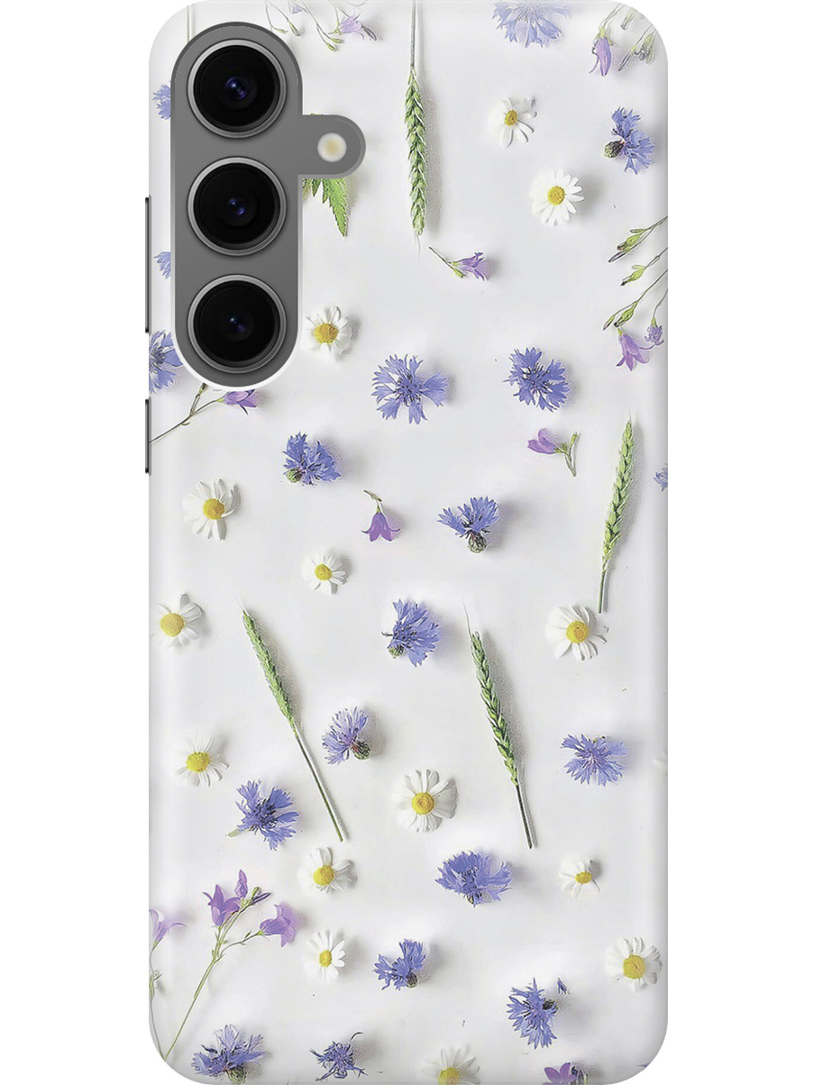 

Силиконовый чехол на Samsung Galaxy S24+ с рисунком "Ромашки и колоски", Белый;зеленый;фиолетовый, 20011906