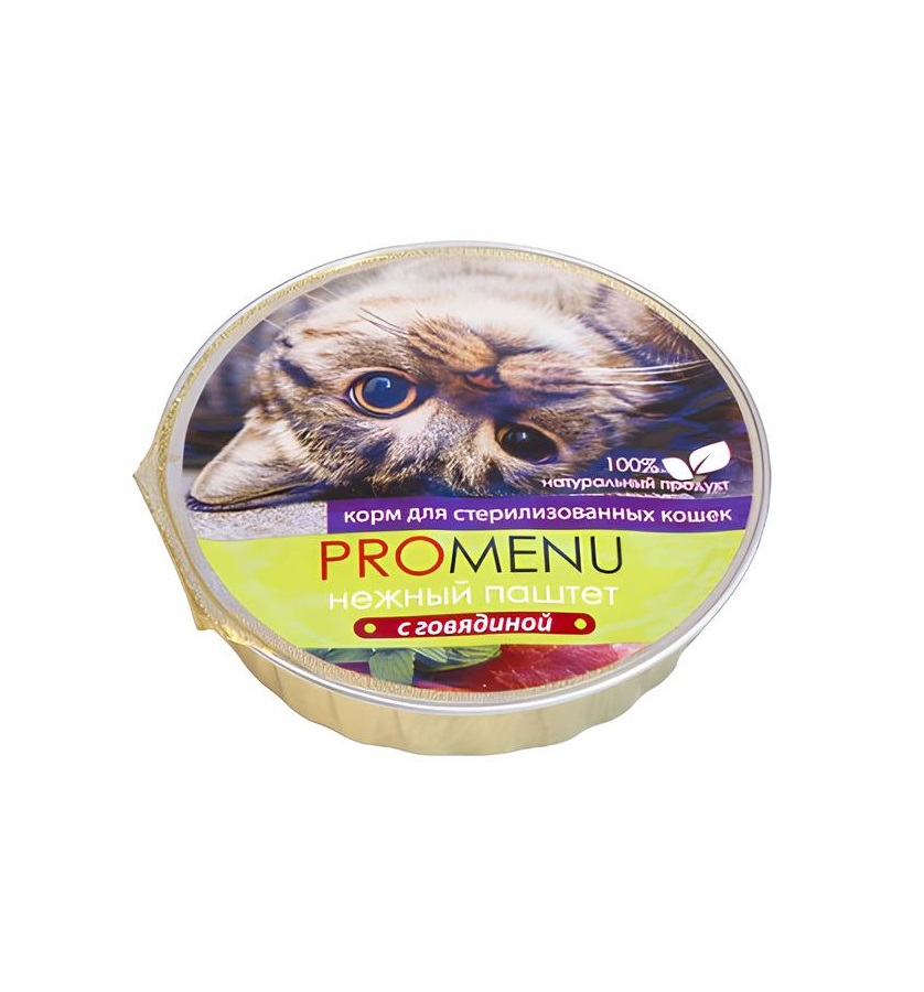 

Консервы для кошек Pro Menu Нежный паштет для стерилизованных, с говядиной, 70г, Нежный паштет