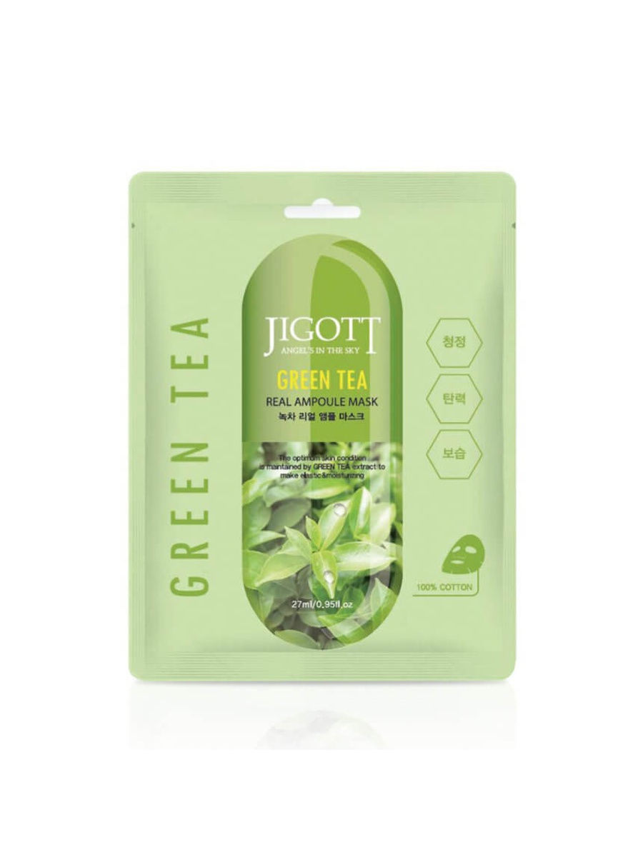 Маски для лица [JIGOTT] НАБОР Тканевая маска для лица ЗЕЛЕНЫЙ ЧАЙ GREEN TEA Real Ampoule Mask, 10 шт*27 м