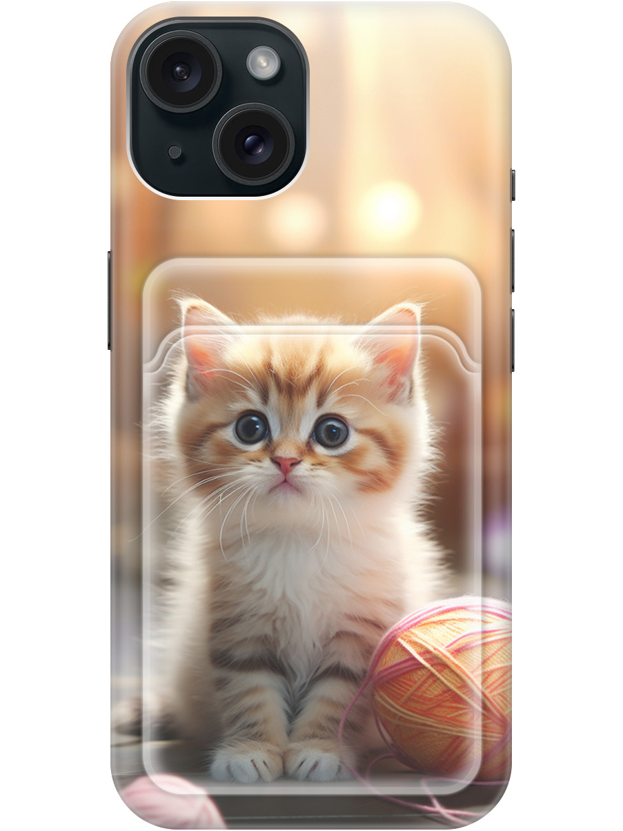 

Силиконовый чехол на Apple iPhone 15 с рисунком "Котик и нитки", Белый;желтый;розовый, 20011940