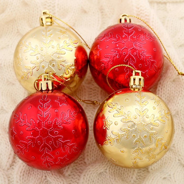 фото Набор шаров пластик d-6 см, 4 шт "снежинка объёмная" красно-золотой зимнее волшебство
