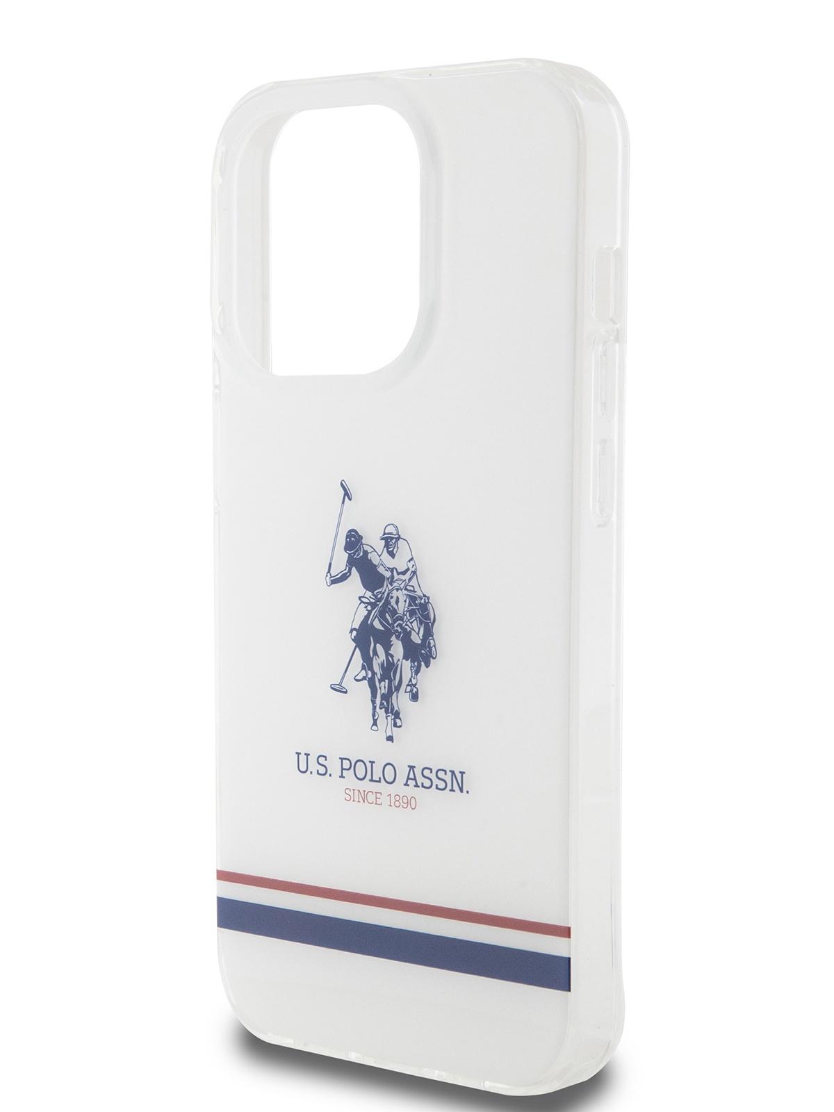 Чехол U.S. Polo для iPhone 15 Pro Double Horse logo Tricolor stripes Hard Transparent