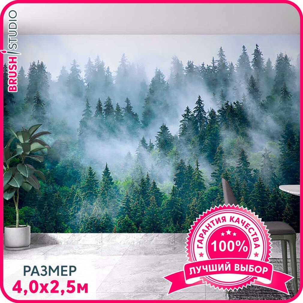 

MOBI DECOR / Фотообои Лес в тумане" 400x250 см. / фото обои флизелиновые на стену в гостин, Зеленый;серый, Туманый лес - крошка_OFK-TL-400-250
