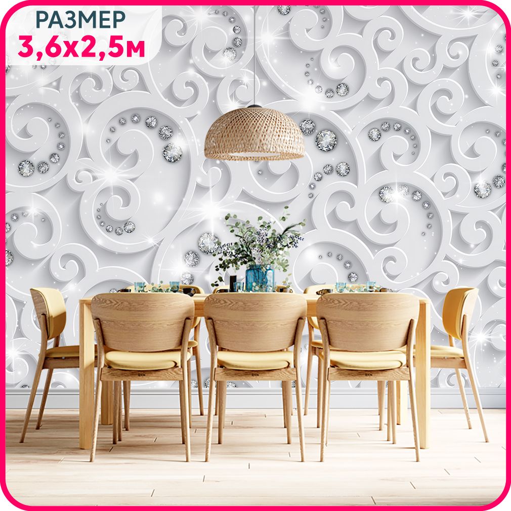 

MOBI DECOR / Фотообои 3D "Бриллианты в узорах" 360x250 см / фото обои на стену флизелиновы, Белый, Новые соты - флизелин