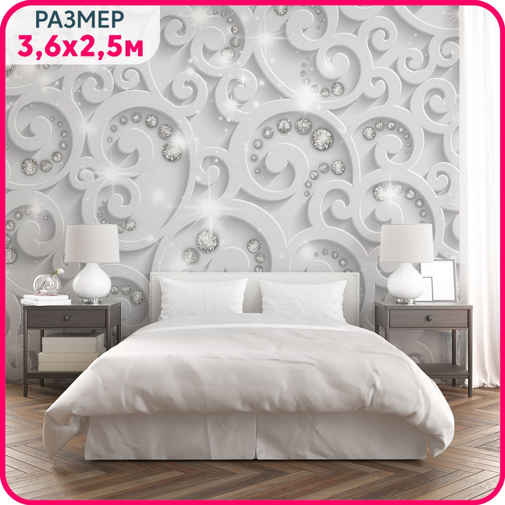 

MOBI DECOR / Фотообои 3D "Бриллианты в узорах" 360x250 см / фото обои моющиеся на стену фл, Белый, Новые соты - крошка