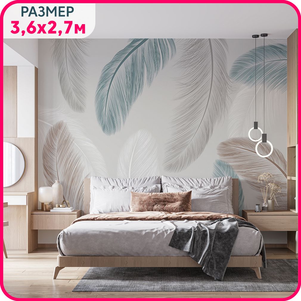 

MOBI DECOR / Фотообои "Перья пальмы" 360*270 см / фото оюои в гостиную, в спальню и на кух, Серый;белый;голубой, Пальмовый бриз - крошка