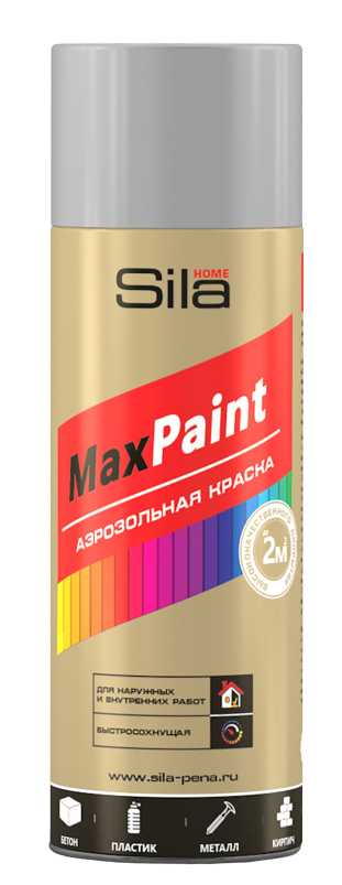 фото Аэрозольная краска sila home max paint, акриловая, глянцевая, серый грунт, 520 мл