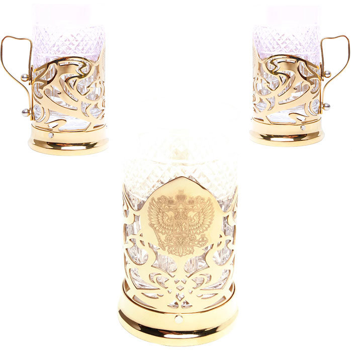 фото Подстаканник "герб россии" из латуни со стаканом в подарочной коробке (златоуст)