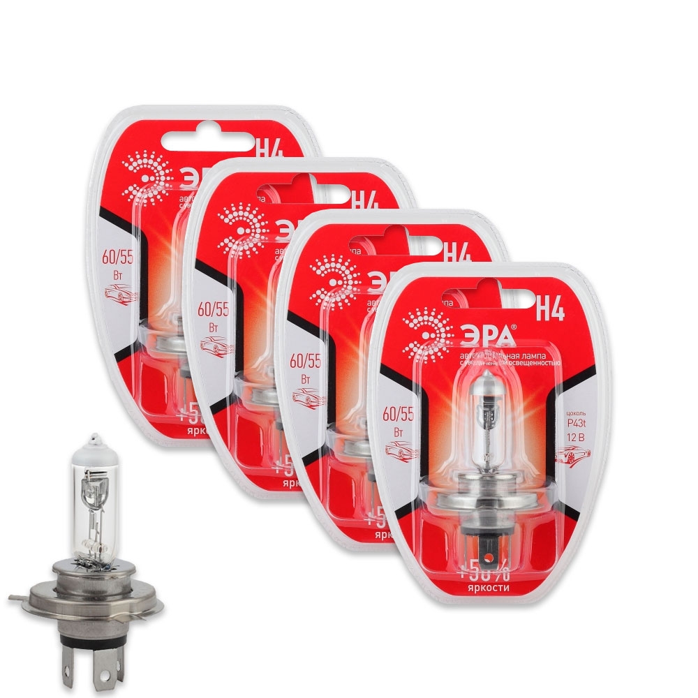 

Комплект автоламп ЭРА H4 12V 55W +50% P43t BL - 4 шт