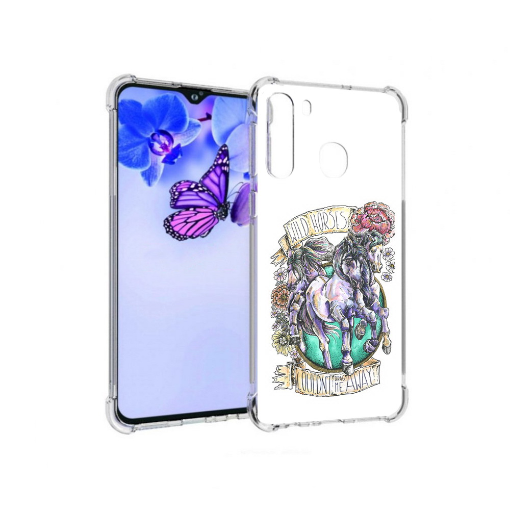 

Чехол MyPads Tocco для Samsung Galaxy A21 рисунок коней в цветах (PT226904.547.582), Прозрачный, Tocco