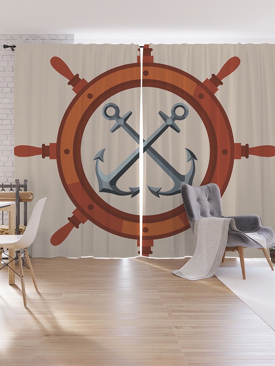 

Шторы под лён JoyArty "Якорь и штурвал", серия Oxford DeLux, 340х265 см, Якорь и штурвал