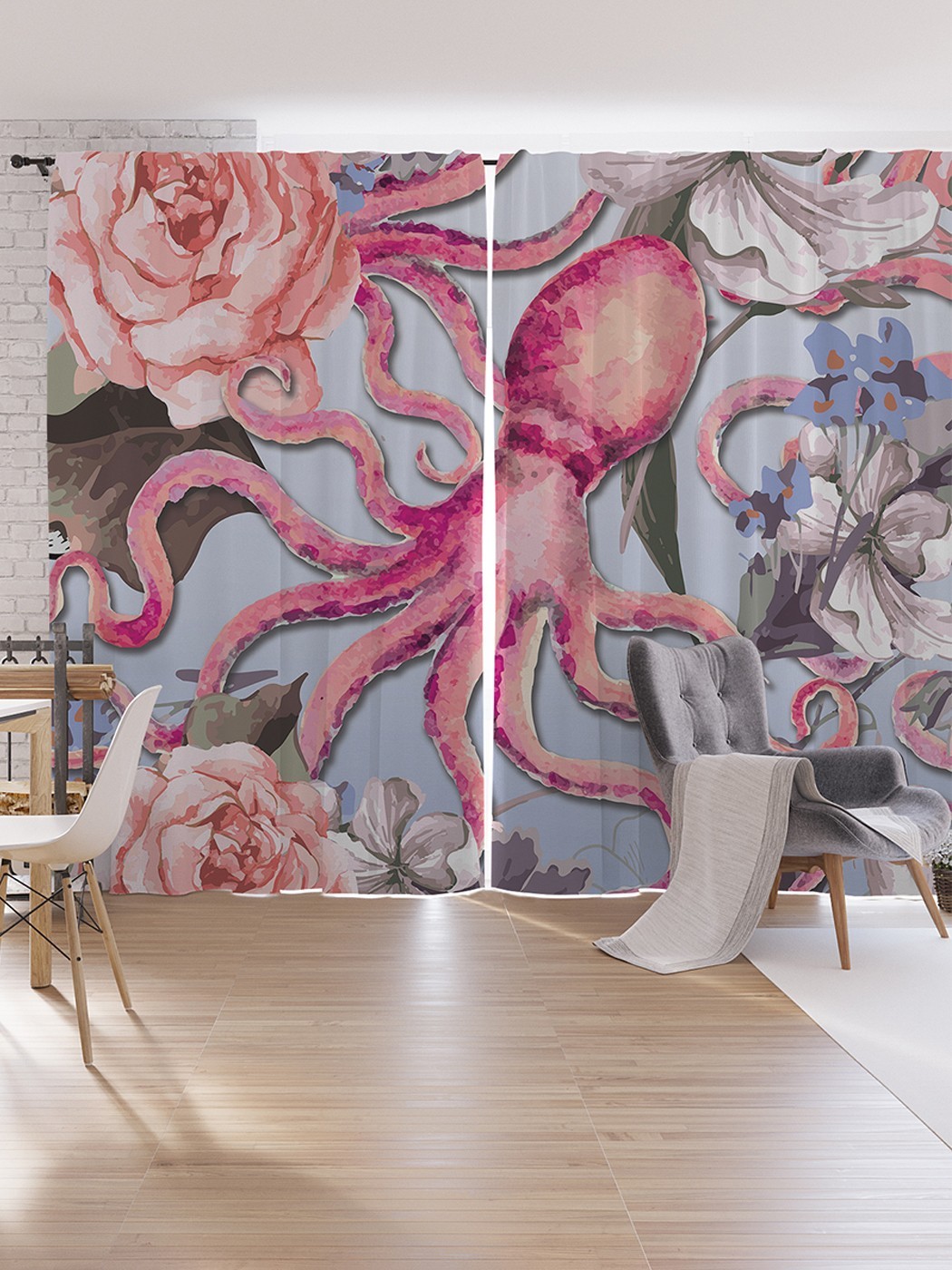 

Шторы под лён JoyArty "Красивый осьминог с цветами", серия Oxford DeLux, 340х265 см, Красивый осьминог с цветами