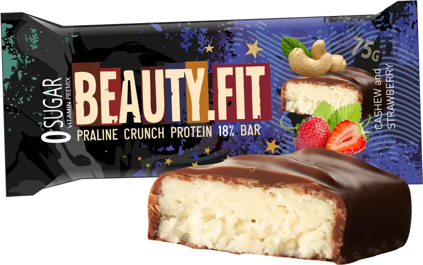 

Beauty.Fit, Praline Crunch Protein Bar, 75г (Кешью-Клубника)