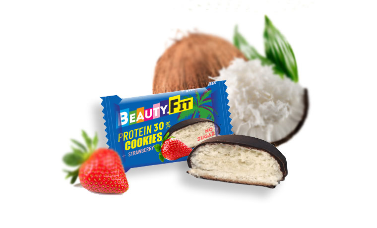 фото Beauty.fit, protein 30% cookies, протеиновое кокосовое печенье, 40г (клубника)