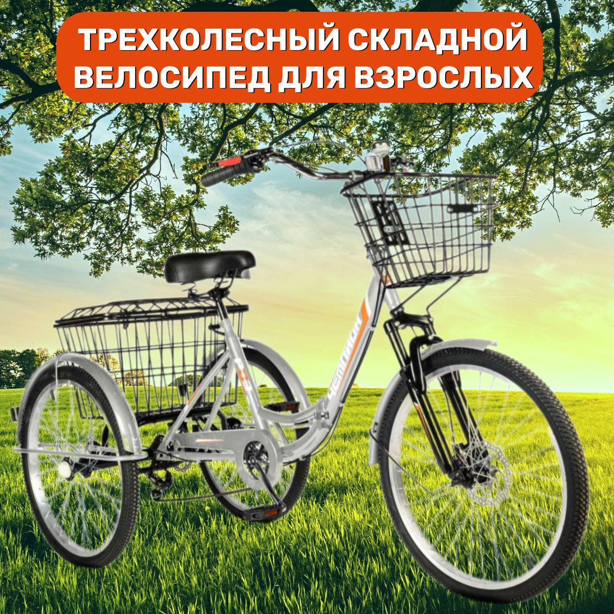 

Велосипед городской РВЗ трехколесный для взрослых складной Чемпион серебро 24", Серебристый