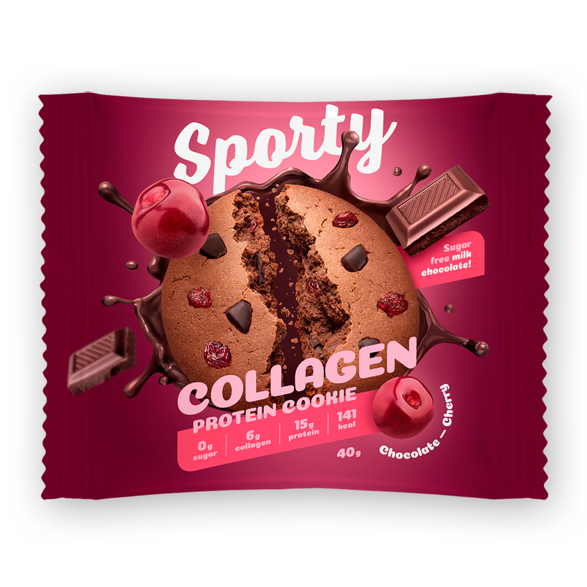 

Sporty, Collagen Protein cookie Протеиновое печенье, 40г (Шоколад-Вишня)