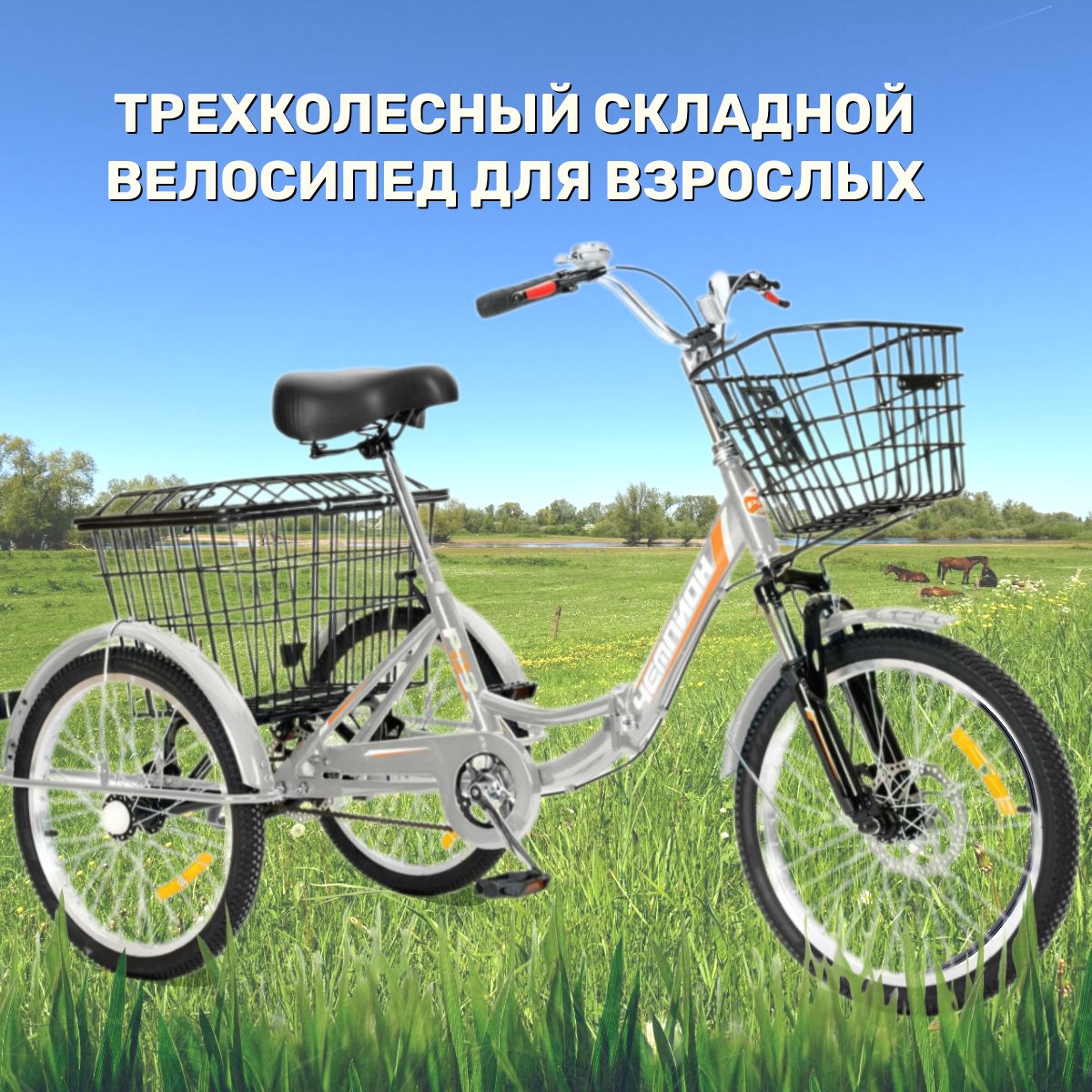 

Велосипед городской РВЗ трехколесный для взрослых складной Чемпион серебро 20", Серебристый