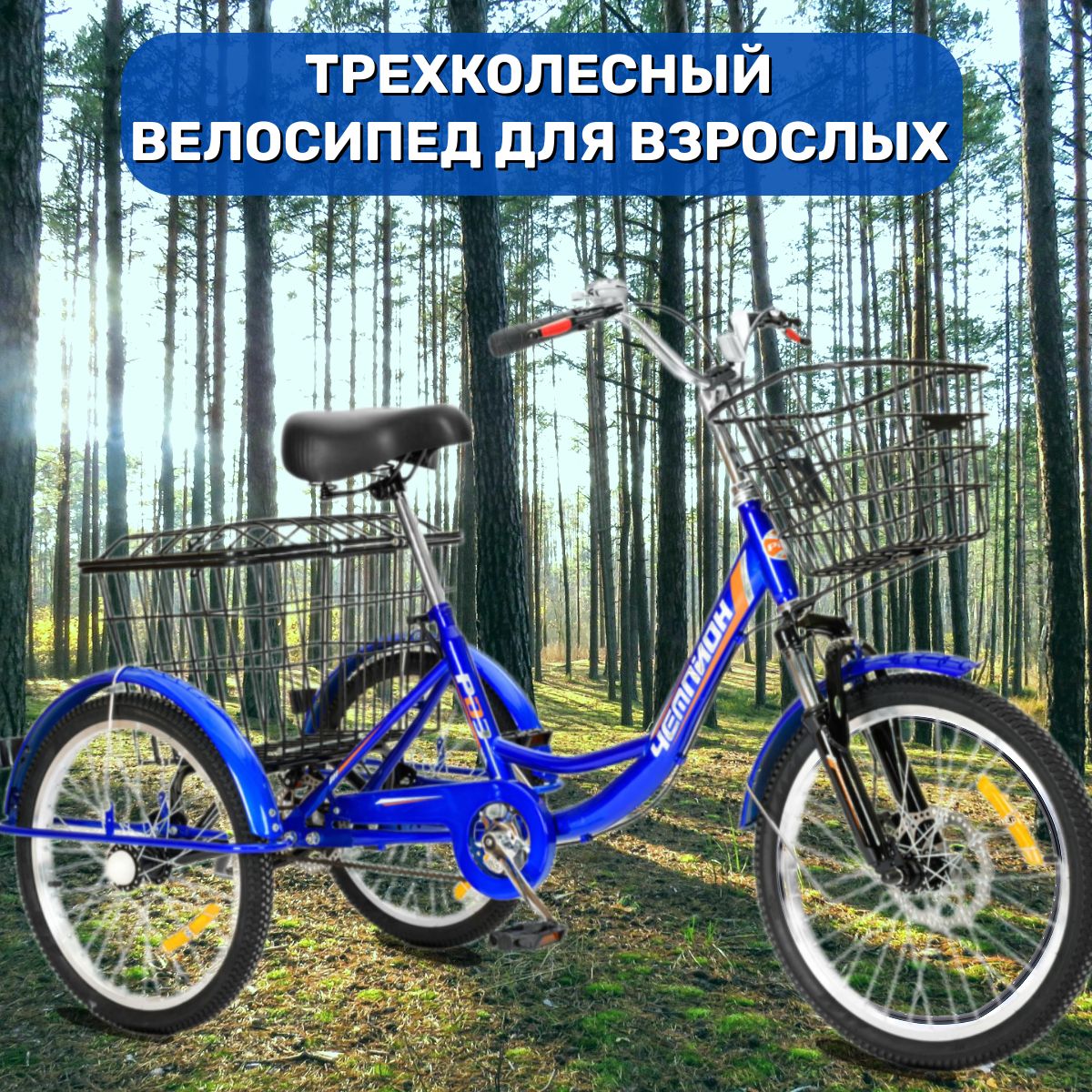 

Велосипед городской РВЗ трехколесный для взрослых синий Чемпион 20"