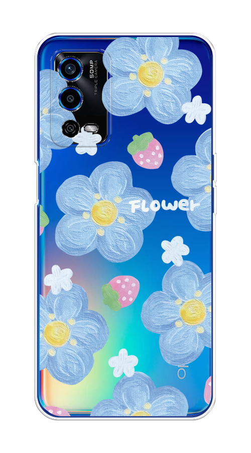 

Чехол на Oppo A55 4G "Цветы и клубники", Прозрачный;голубой;белый, 259150-1