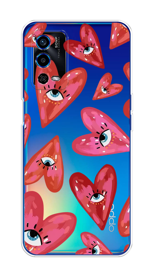 

Чехол на Oppo A55 4G "Сердечки с глазами", Коричневый;красный;розовый, 259150-1