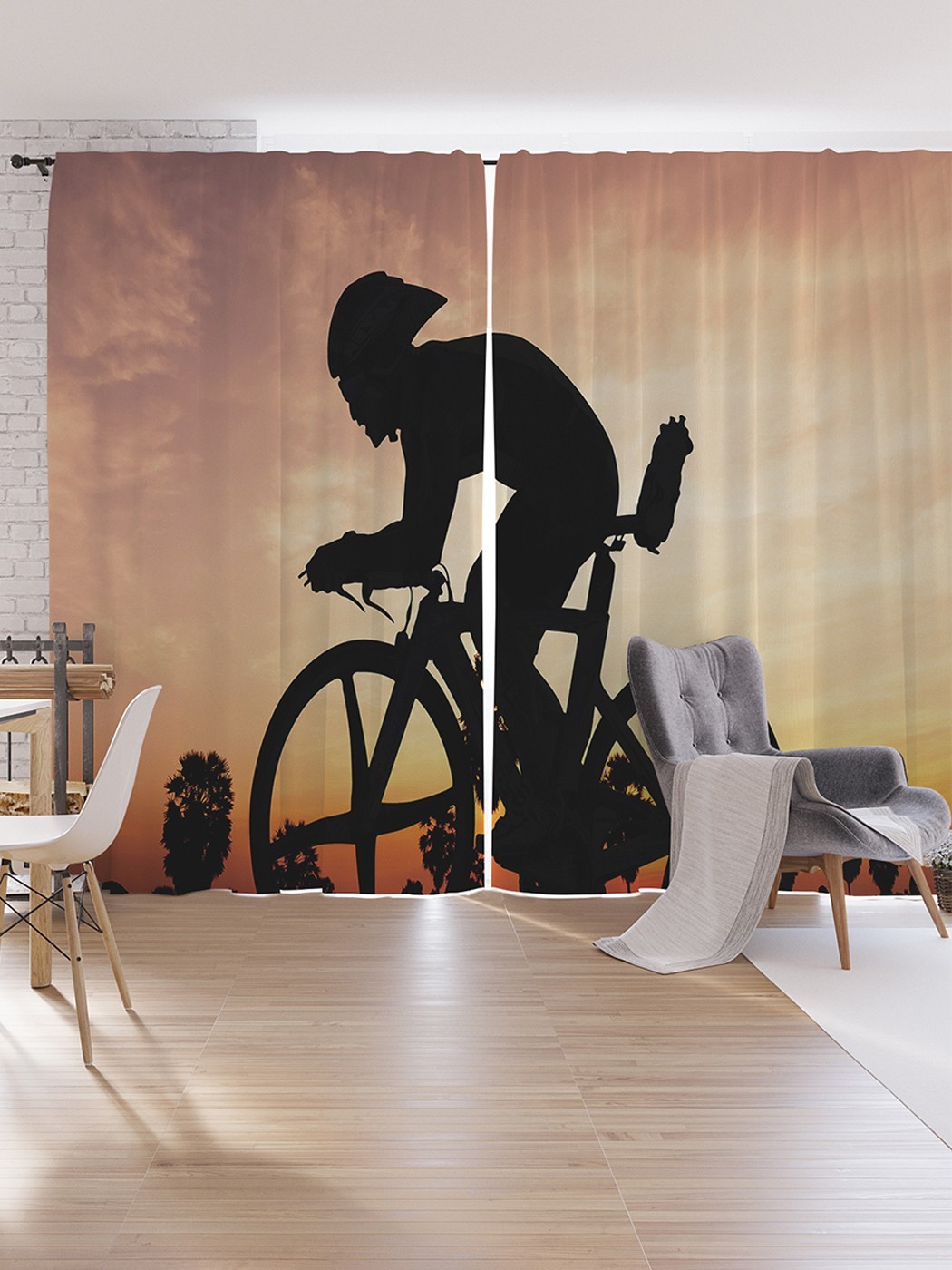 фото Шторы под лён joyarty "велосипедист на фоне заката", серия oxford delux, 340х265 см