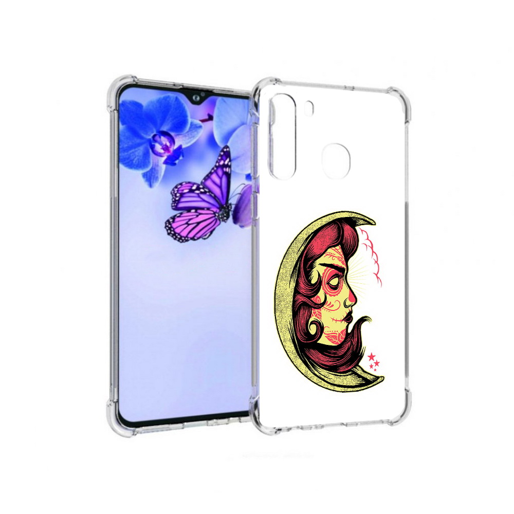 Чехол MyPads Tocco для Samsung Galaxy A21 желтый полумесяц с лицом девушки