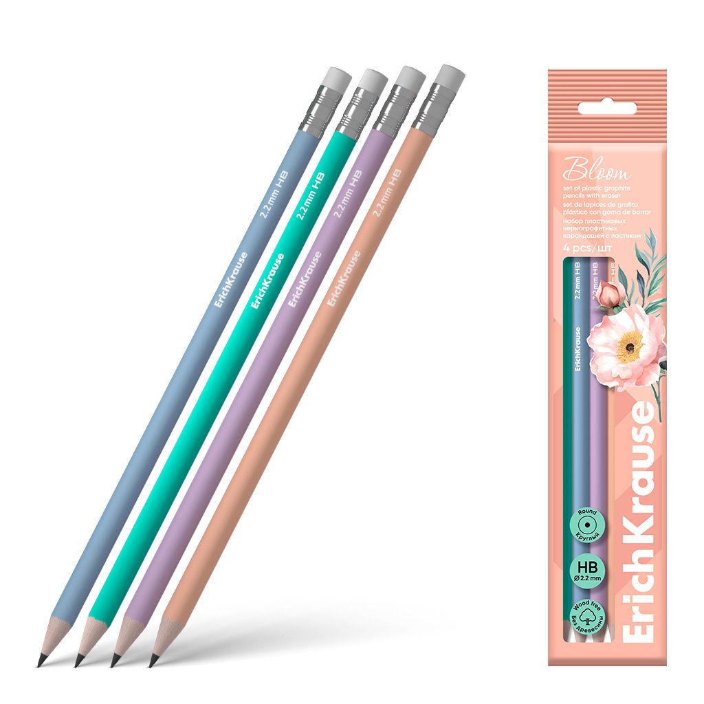 Карандаши графитовые ErichKrause Joy Pastel Bloom HB с ластиком 4 шт